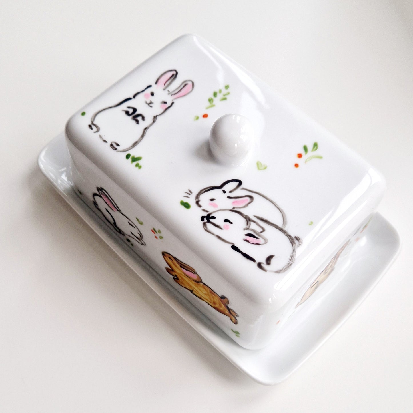 Bunnies Handpainted Butter Dish