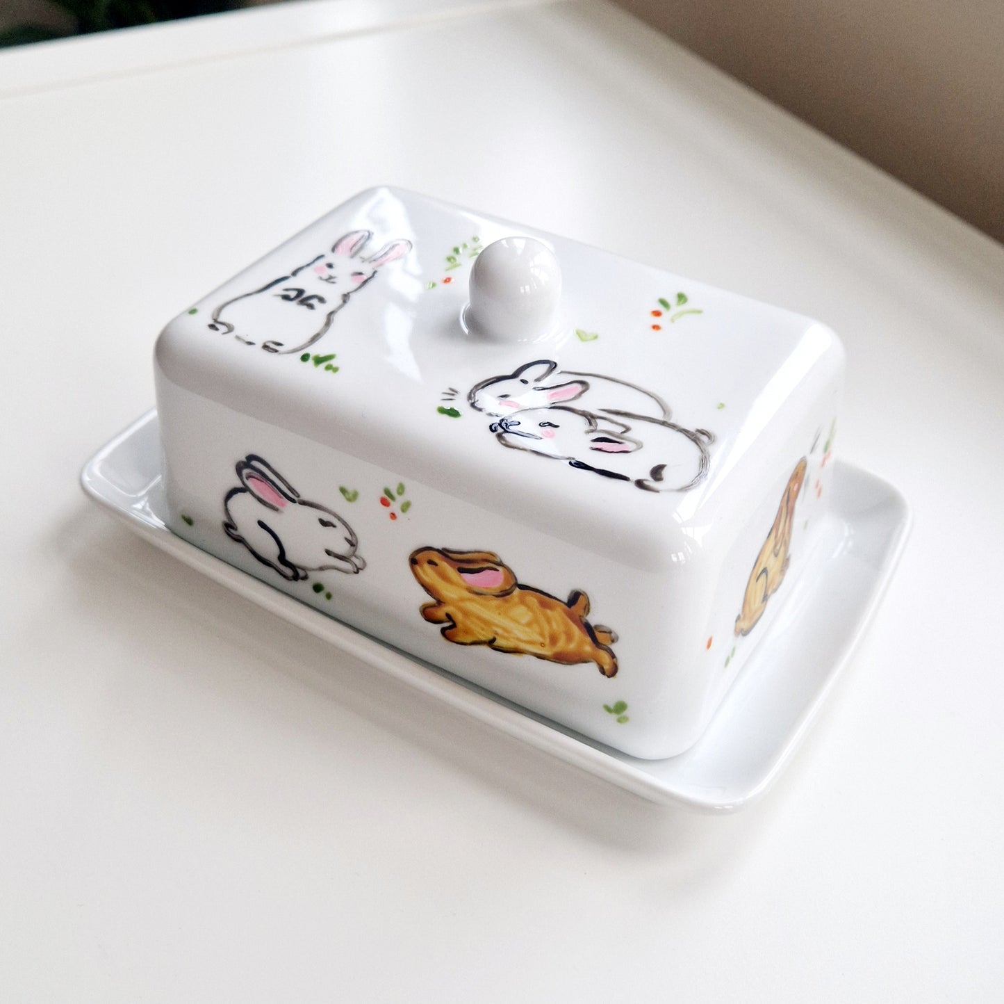 Bunnies Handpainted Butter Dish