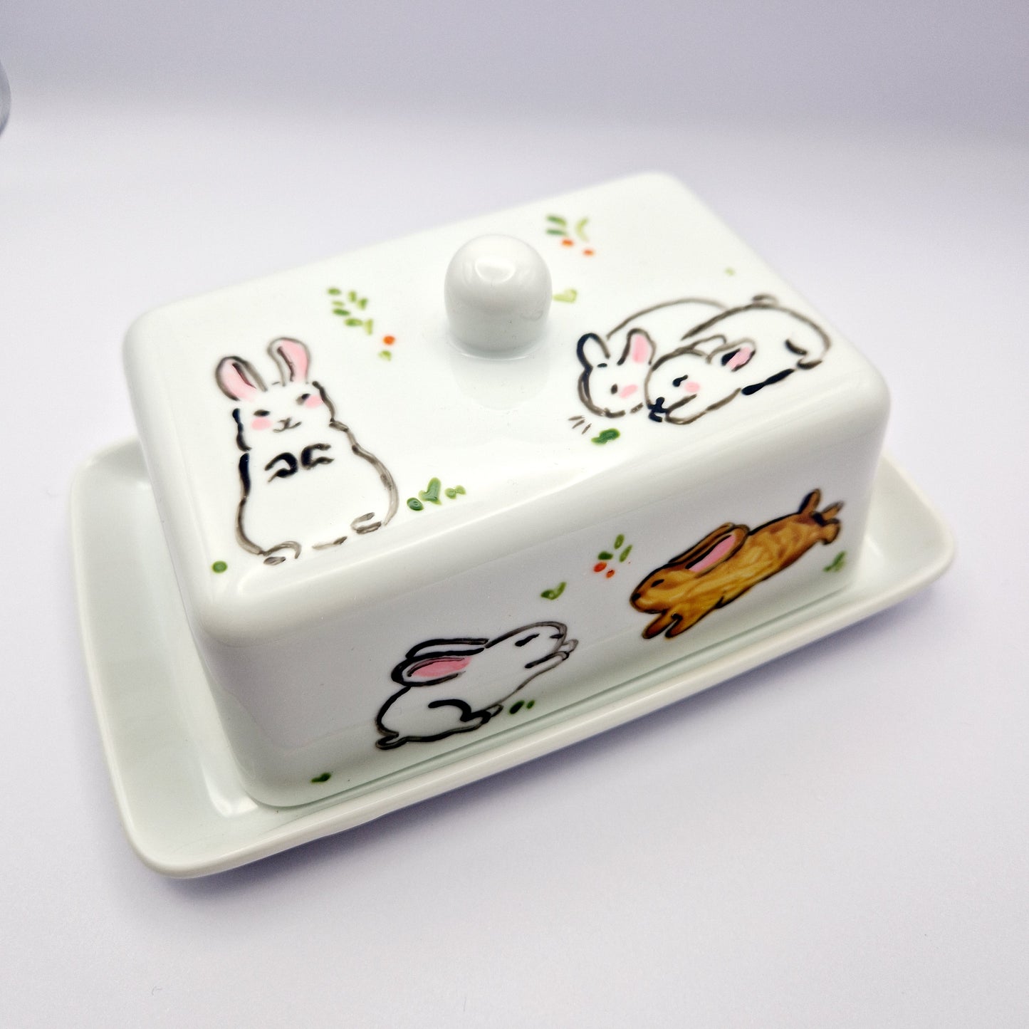 Bunnies Handpainted Butter Dish