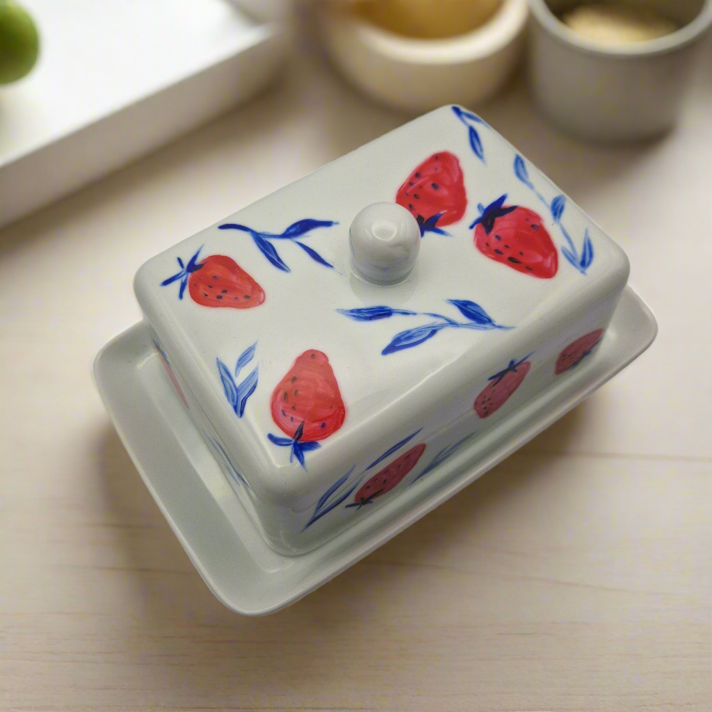Strawberries Handpainted Butter Dish