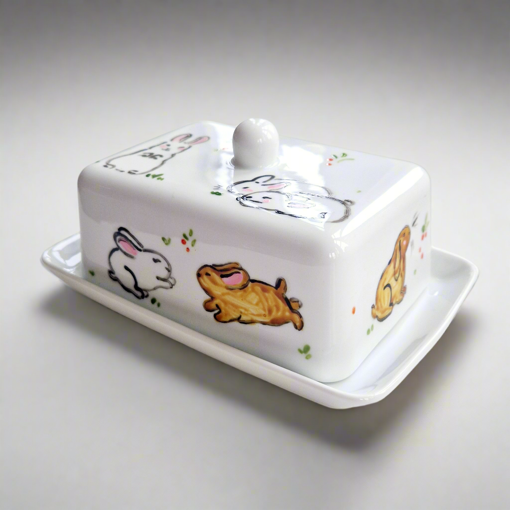 Bunnies Handpainted Butter Dish