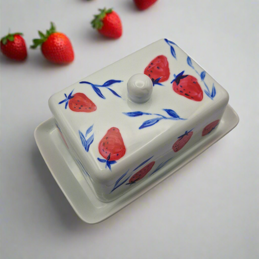 Strawberries Handpainted Butter Dish