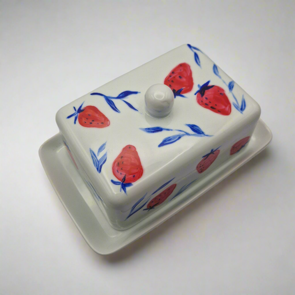 Strawberries Handpainted Butter Dish
