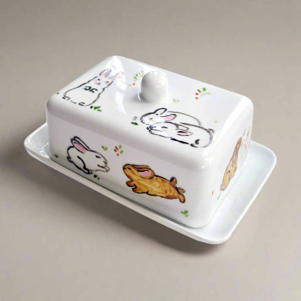 Bunnies Handpainted Butter Dish