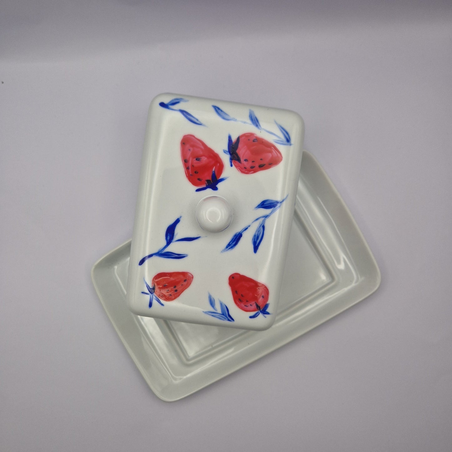 Strawberries Handpainted Butter Dish