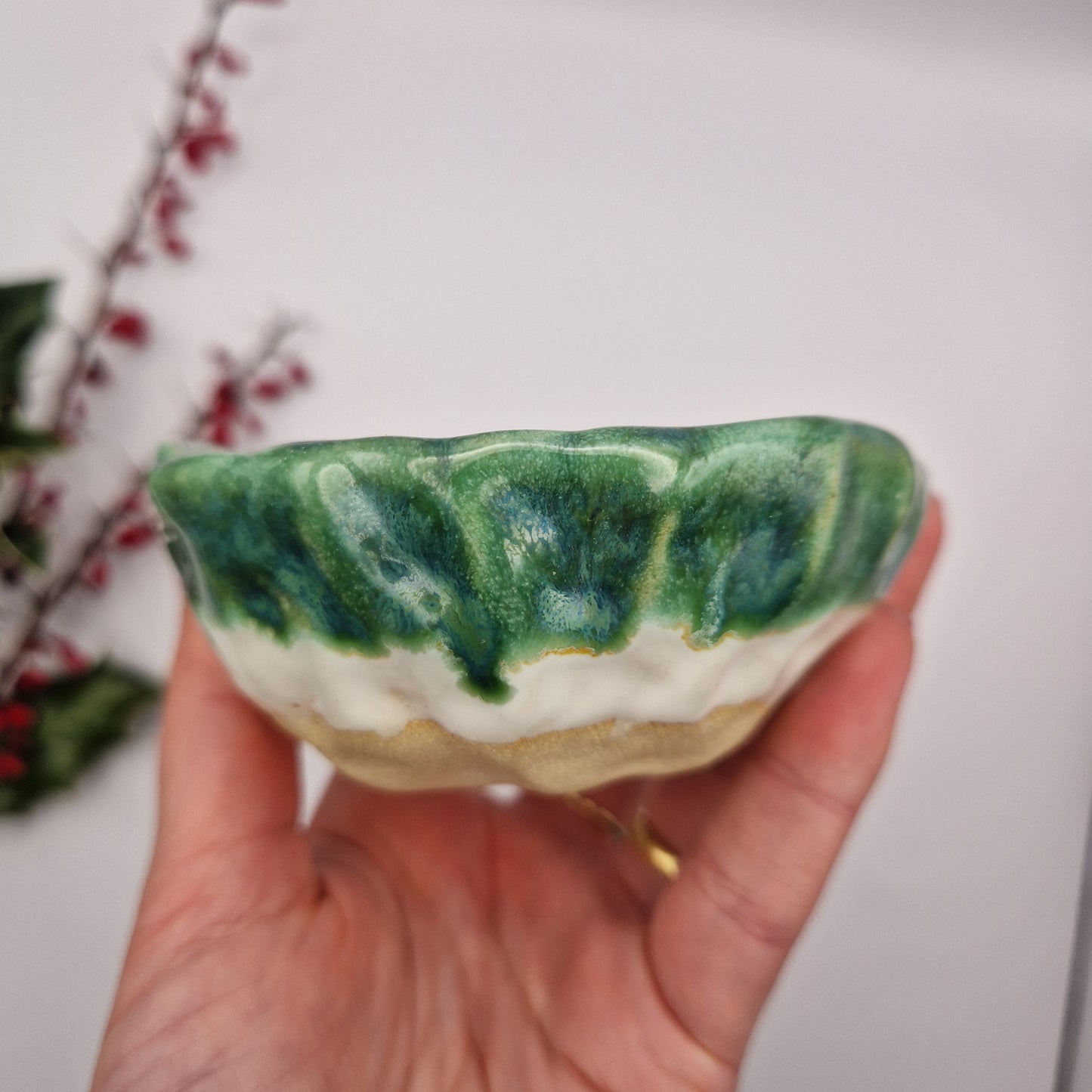 Pinching Bawl in Green and White Glaze