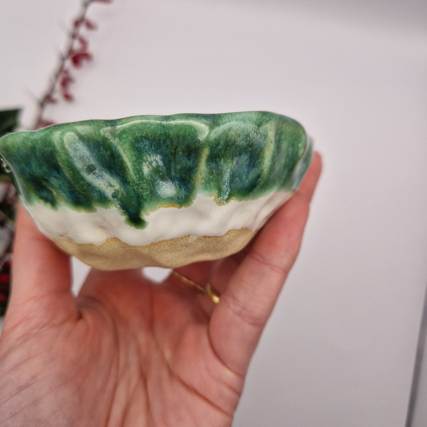 Pinching Bawl in Green and White Glaze